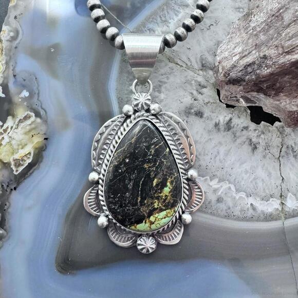 Juanita Long Native American Sterling Teardrop Blackjack Decorated Uni Pendant